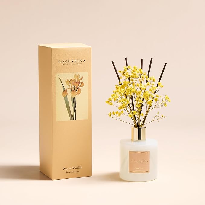 Cocorrína Reed Diffuser - Warm Vanilla Scented Diffuser with 8 Sticks Home Fragrance Reed Diffuser for Bathroom Shelf Decor