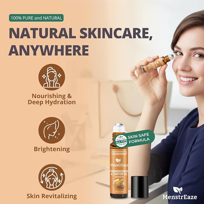 Castor Oil Roll On and Frankincense Essential Oil for Face, High Potency Eye Roller for Skin, 100% Pure Natural Moisturizer for Fine Lines & Dark Circles - 10ml Roller