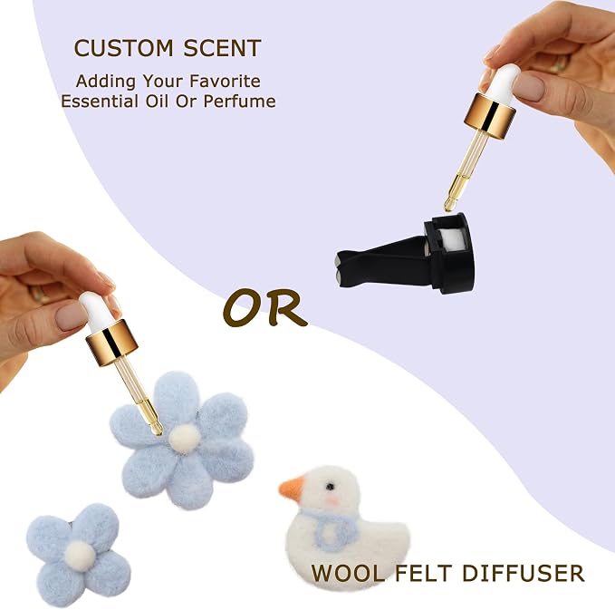 ORIESSE Cute Car Accessories,Duck Flower Air Vent Clips,Handmade Wool Felt Aroma Diffuser,Refillable Girly Car Air Freshener,3pcs White Blue Car Decor