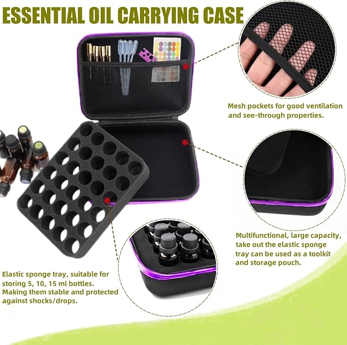 BLIRITEL EVA Essential Oils Organizer, 30 Bottles Hard Shell Essential Oil Storage Carrying Case, Essential Oils Boxes Holds 30 Bottles with 5ml,10ml,15ml (Purple)