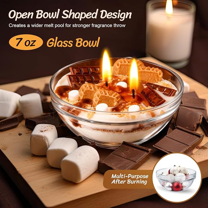 S'mores Candle Bowl, 2 Wicks Realistic Cereal Food Candles with Graham Crackers, Chocolate, and Marshmallows for Best Burn, Ideal for Christmas, Thanksgiving Day, Camping, Movie Night Supplies
