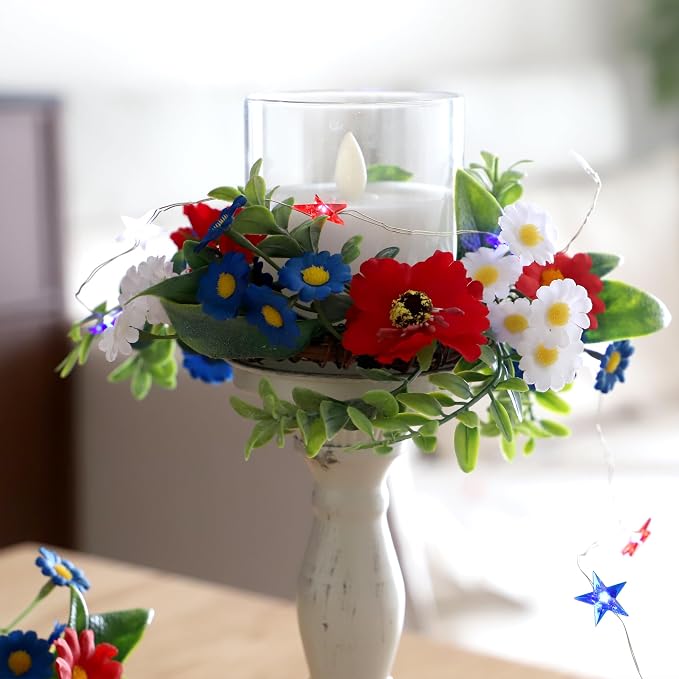 Independence Day Candle Ring 2 Pcs 3'' (Inner) 6'' (Outer) Diameter Floral Candle Rings Artificial Flowers Red-White-Blue Mini Wreaths Ideal Independence Centerpiece for Patroic Decor