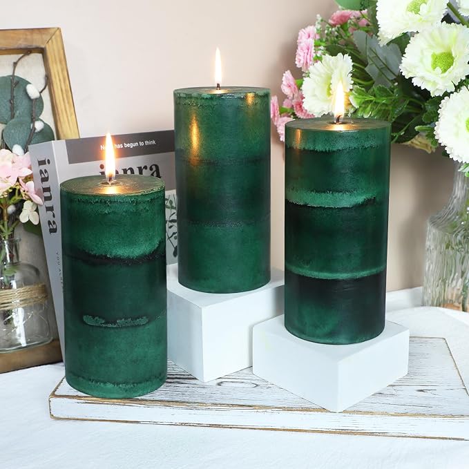 Dark Green Pillar Candles 3x6 Inch Fir Scented Candles Hand-Poured Long Lasting Burning Large Candle Holiday Forest Christmas Decoration Candle for Home Fragrance Gift Table Wedding 3 Pack