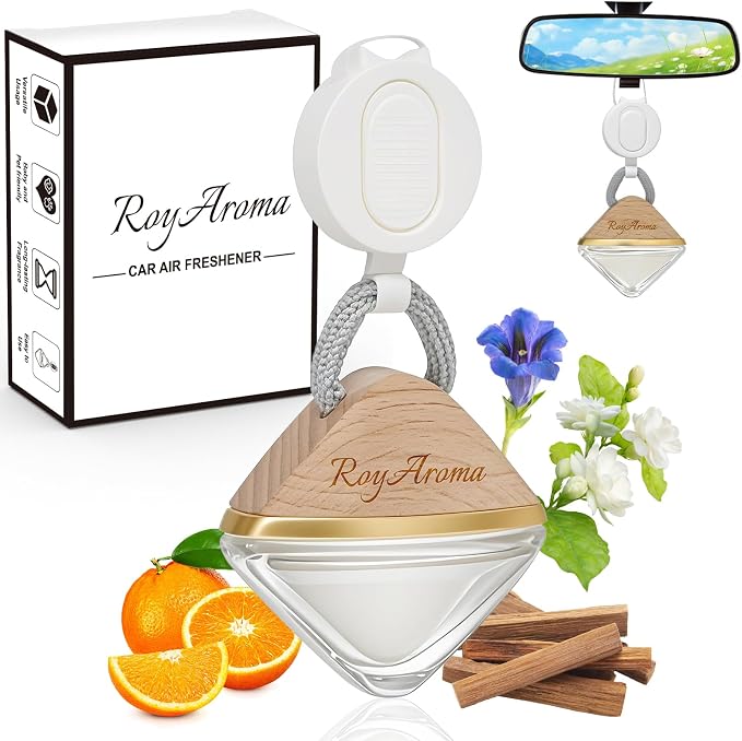 Royaroma Hanging Car Air Freshener Diffuser, Luxury Car Perfume for Men & Women, Long Lasting Cars Fresheners with Natural Essential Oils | Cool Ice | Adjustable Rope