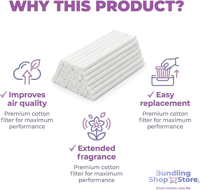 Mini Diffuser Refill Cotton Sponges – Filter Sticks Replacement Wicks for Essential Oil Diffuser, Humidifier, Car or USB Portable Aroma Diffuser (Pack of 50) - BUNDLING SHOP STORE