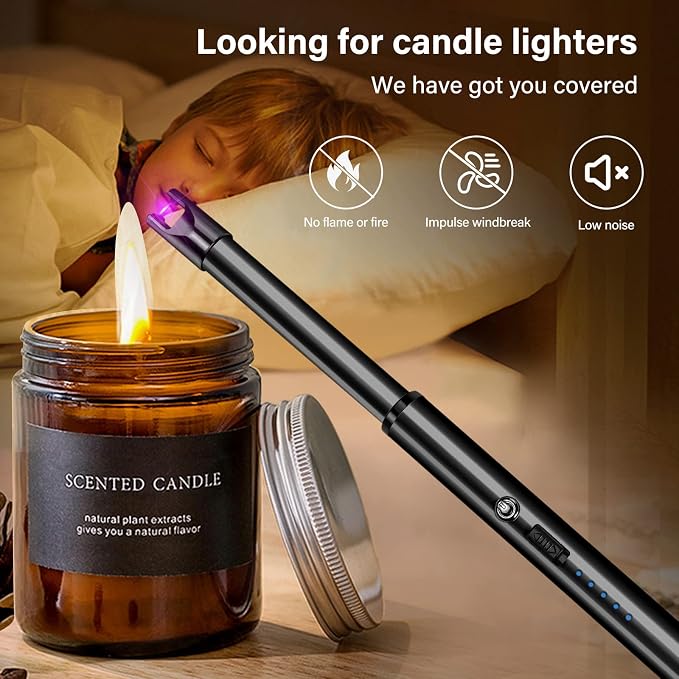 Electric Candle Lighter Windproof USB Rechargeable Flameless Long Neck Lighter for Candles Gas Stove Fireplace BBQ Kitchen Grills (Black)