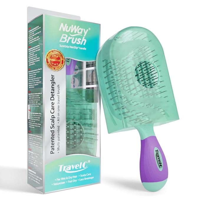 NuWay 4Hair® TravelC® U.S. Patented Single-Curve Scalp Care Travel Brush with Protective Case – Premium Portable Hair Health Tool with Heat-Resistant – Wet & Dry Use (Turquoise)