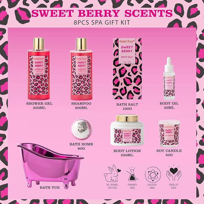 Home Spa Self Care, Bath and Body Spa Gift Basket for Women, Shower Bath Spa Sweet Berry Bath Sets for Teens Gift| Relaxing Care Kit Christmas Mothers Day Gifts for Mom Gift Baskets for Anniversary