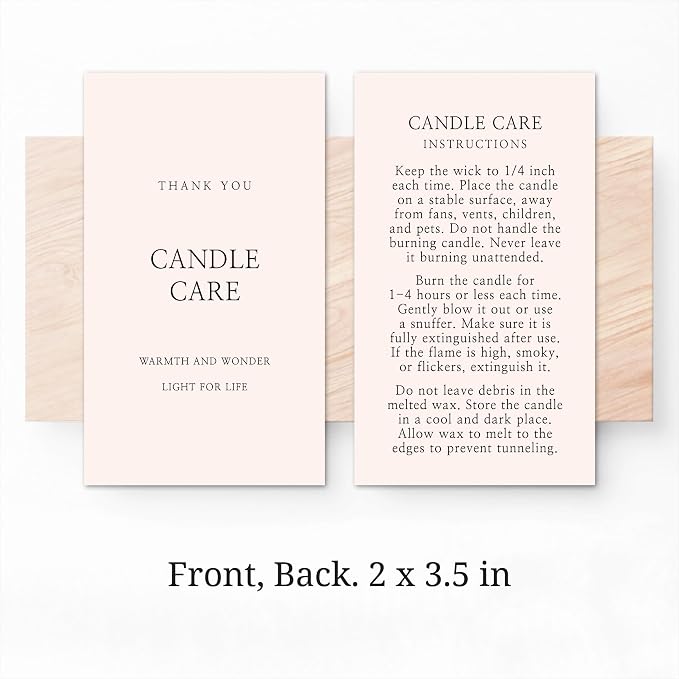 100 pack - Premium Handmade Candle Care Instruction Cards Beige 2x3.5 in, Small Business | Soy Bees Wax Melt, Candle Makers, Making Supplies Kit Set, Containers, Jars, Pot, Package