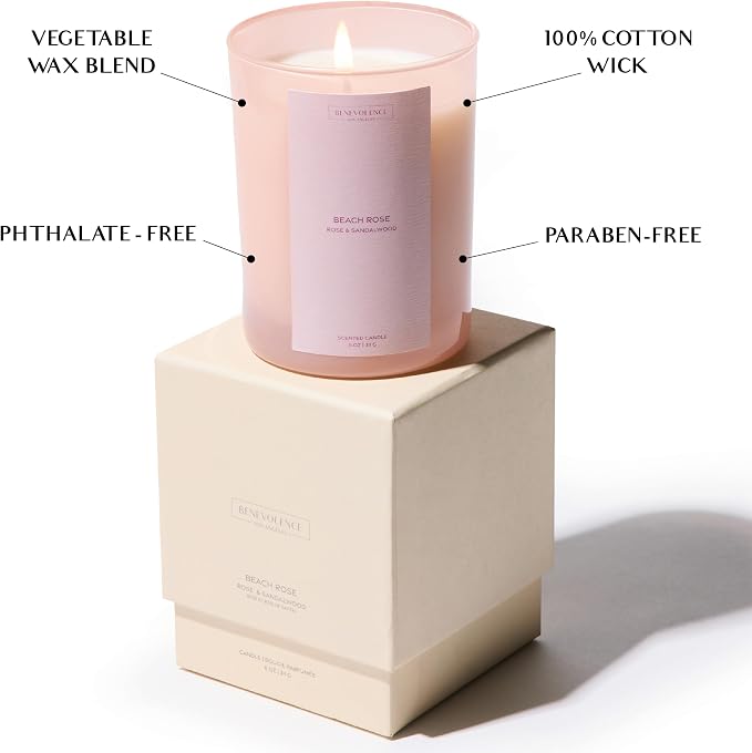 Rose & Sandalwood Scented Candle | 11oz, 60 Hour Burn | Natural Soy Wax, Cotton Wick | Soy Scented Candles for Home Fragrance | Benevolence LA Sun-Kissed Collection - Beach Rose