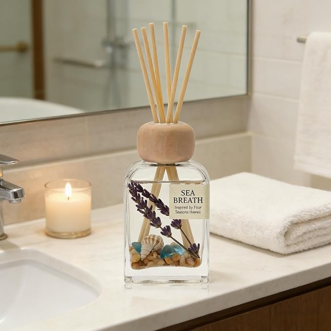 Sea Salt Reed Diffuser for Bathroom & Bedroom - 3.38 Fl Oz, Ocean Breeze Home Fragrance for Women, Coastal Beach Decor with Seashells, Spa Aromatherapy, Non-Toxic Long Lasting & Gift Ready