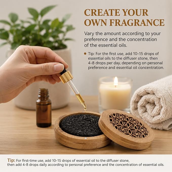 Passive Essential Oil Diffuser Stone, Small Lava Rock Diffuser Set Aromatherapy Stone for Desk Home Office Car Gift-Giving, Compact Wood Bas