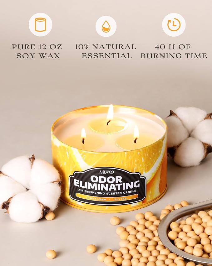 AOOVOO Citrus Lemon Odor Eliminating Candle - 3 Wick 12oz Long Lasting Highly Fragranced Candle, Eliminates 95% of Smoke, Food, Pet and Other Smells Quickly, Large Air Freshing Soy Candles