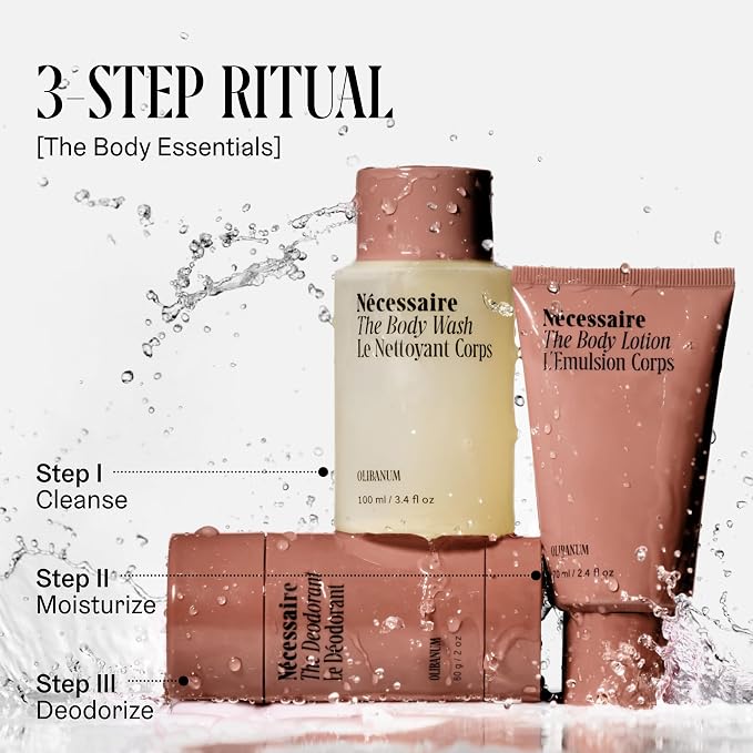 Nécessaire Body Essentials - Skin Care Gift Set For Women + Men - Travel-Size Body Wash, Body Lotion + Deodorant | Dermatologist-Tested. Hypoallergenic | Vegan | Aluminum-Free Deodorant (Olibanum)