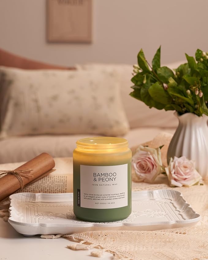 M&SENSE Bamboo Peony Spring Large Candles for Home Scented 19.4oz 110 Hour Long Lasting Burn Natural Organic Soy Candle Gifts for Women, Fresh Smelling Aromatherapy Gifts for Stress Relief
