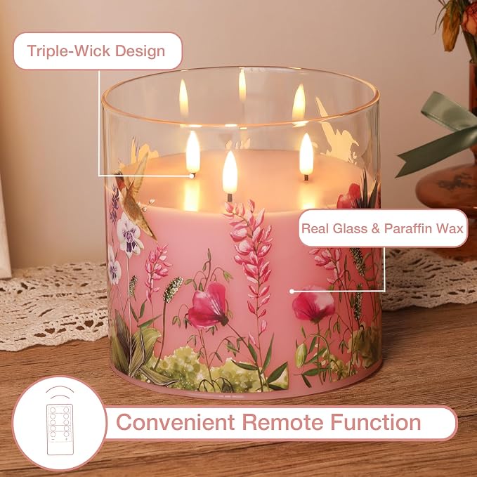 Eywamage 3 Wick Flameless Candle with Remote, Pink Hummingbird Floral Glass LED Candle, Large Battery Pillar Candle Φ 6" H 6"