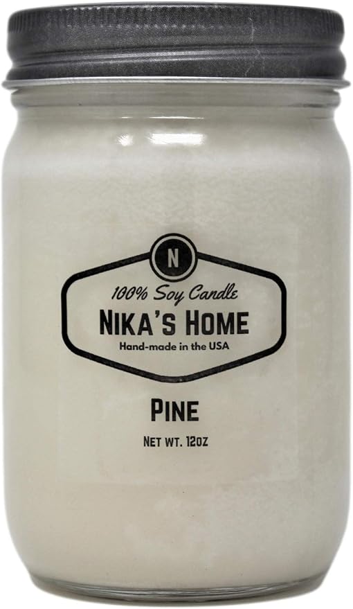 Nika's Home Pine Soy Candle - 12oz Mason Jar - Non-Toxic - Hand Poured in The USA, Long Burning 50-60 Hours Highly Scented All Natural, Clean Burning