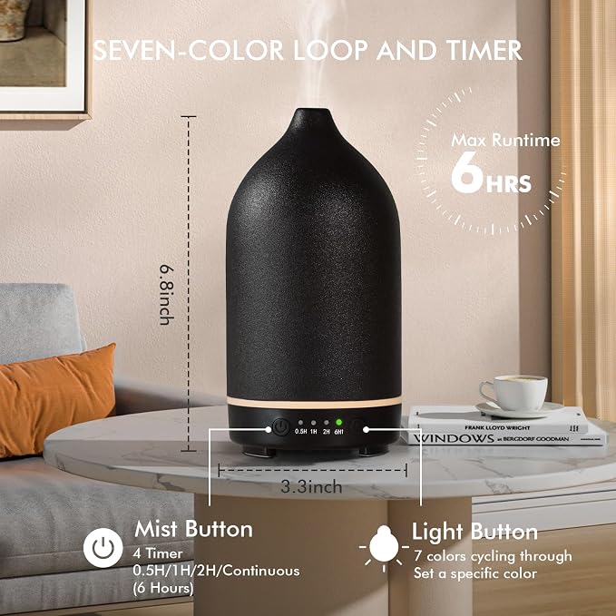 Essential Oil Diffuser Diffuser -Aromatherapy Diffuser for Essential Oils with Timer and 7 Colors LED Light Ultrasonic Diffuser with Auto Shut-Off, Home Office Decor&Gift (Black-150ml)
