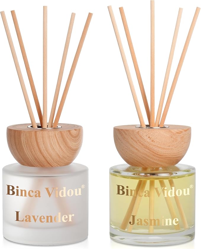 Reed Diffuser Set, Binca Vidou Lavender & Jasmine Natural Scent Oil Diffusers with Sticks for Home Office Bathroom Aromatherapy Decor 3.38oz x 2