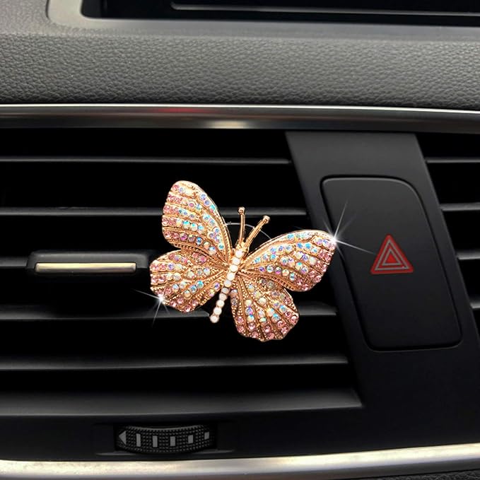 Bling Butterfly Car Air Vent Clip, Cute Rhinestone Air Freshener Clip, Glam SUV Outlet Vent Decorations, Charm Car Inter Decor Accessories for Girls Women (Pink + Red)