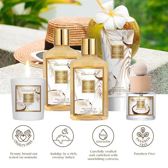 Mother's Day Gifts Basket for Women, 15pcs Vanilla Coconut Bath Set with Shower Gel, Bubble Bath, Diffuser Oil, Scented Candle, Skin Care Kit Birthday Gift for Women