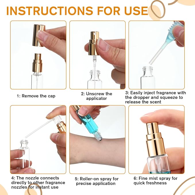 4-Pack Double-Ended Travel Perfume Bottles, 10ml Glass Roll-on & Spray Atomizer Leakproof Kit, Refillable Essential Oil Applicator with Funnel & Dropper for Fragrance, Skincare Serums