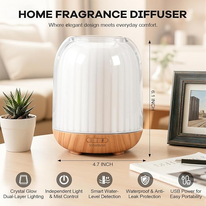 Essential Oil Diffuser with Night Lamp | 120ml USB Portable Aroma Diffuser with Wood-Grain Base & Glass-Look Cover | Humidifier with Lights | Small Humidifier for Bedroom, Office | Room Décor | Gift