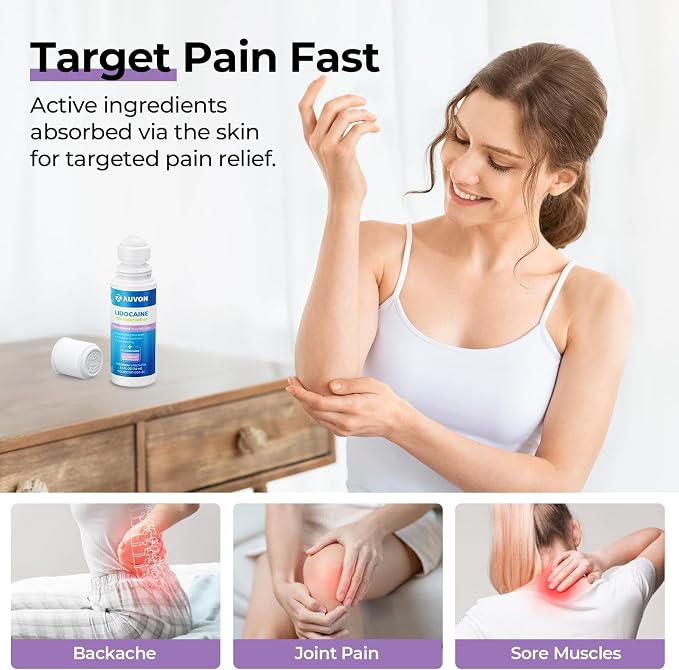 AUVON Max Strength Lidocaine Pain Relief Roll-On with Lavender Essential Oil, No Mess Applicator, Quick Absorbing to Numb & Soothe Pain Relief for Knees, Shoulders, 2.5 Oz, 2 Packs