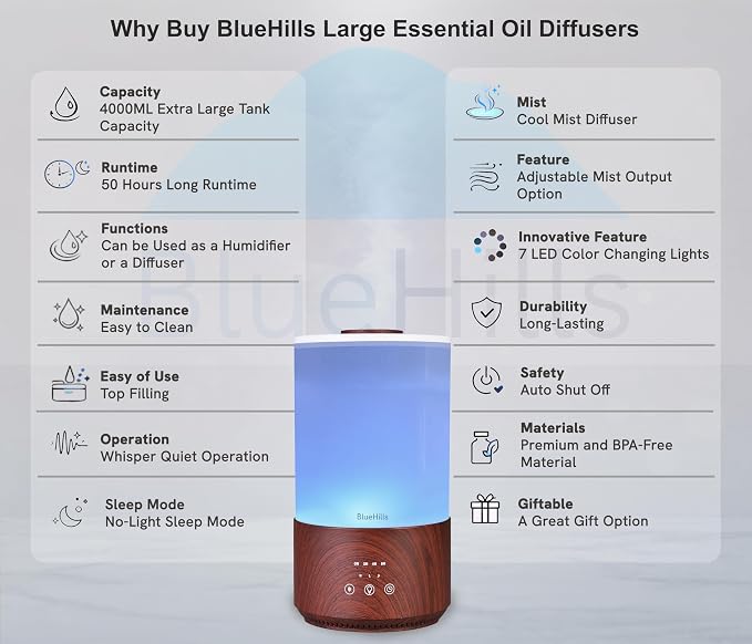 BlueHills Premium 4000 ml Tall Essential Oil Diffuser 4L 4 Liter 50 Hour Run with Remote Timer Aroma Humidifier 1 Gallon Big Capacity High Mist Output for Large Room Lights Dark Wood Grain XL T402