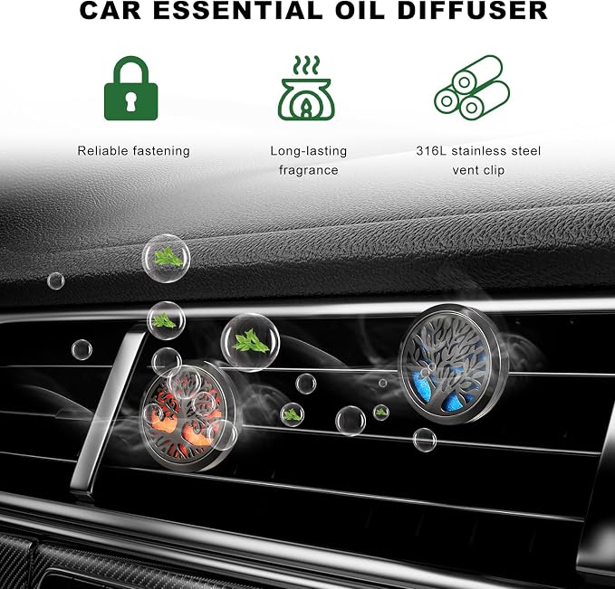 2 PCS Car Diffuser Vent Clips, Tree Pattern Essential Oil Diffuser Vent Clips with 12 Felt Pads, Stainless Steel Auto Air Fresheners Decorative Locket Clip for Women Men (Black)
