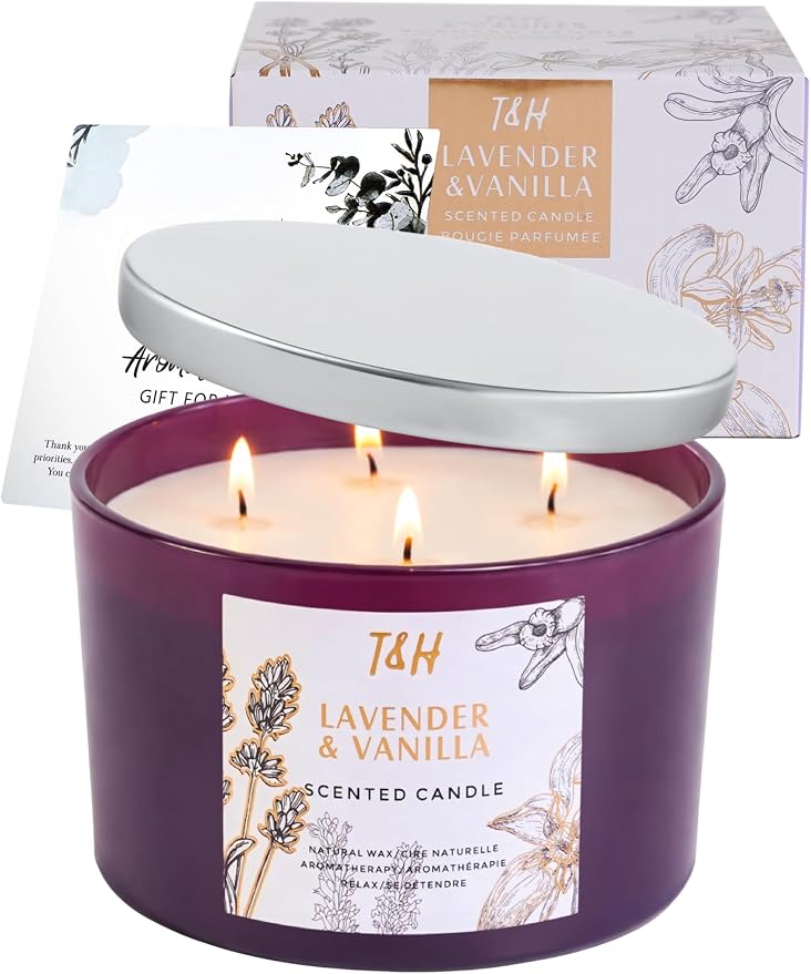 Lavender Vanilla Candle | 4 Wick Extra Large Scented Soy Candles 20 oz | Highly Scented Aromatherapy Lavender Candle for Women | Relaxing Stress Relief Home Scent | Long Lasting Clean Burn