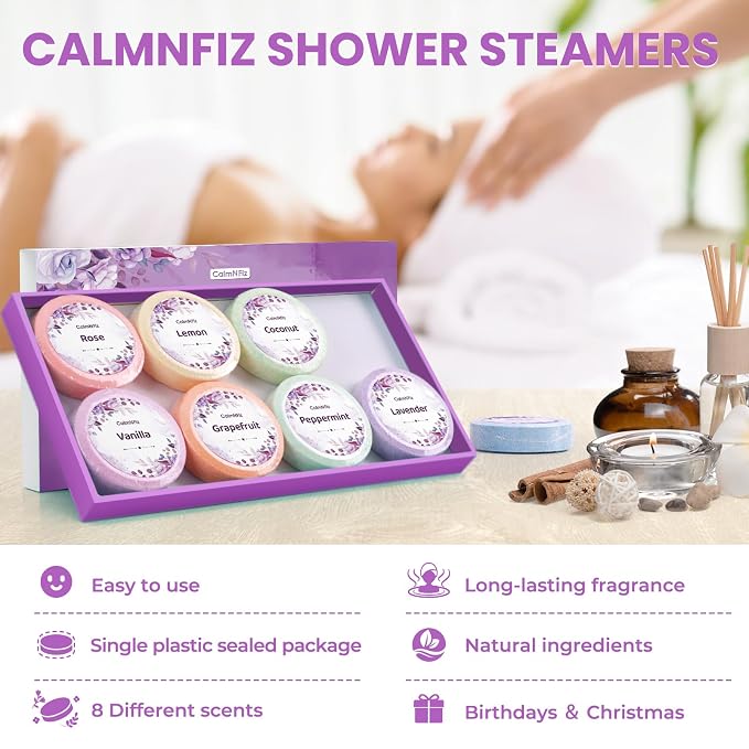 Shower Steamers 8 Pack Set Shower Bombs Tablets in Purple Box with 8 Fragrances with Shea Butter for Self-Care & Relaxation, Idea for Mothers Day Women and Men