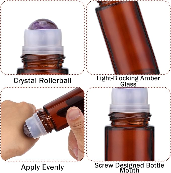2 Pack 1.7oz Large Amber Glass Roll on Bottles for Essential Oils, Refillable Roller Ball Applicator with Purple Crystal Rollerball, Perfume Deodorant Containers, Leak-Proof for Aromatherapy&Skincare