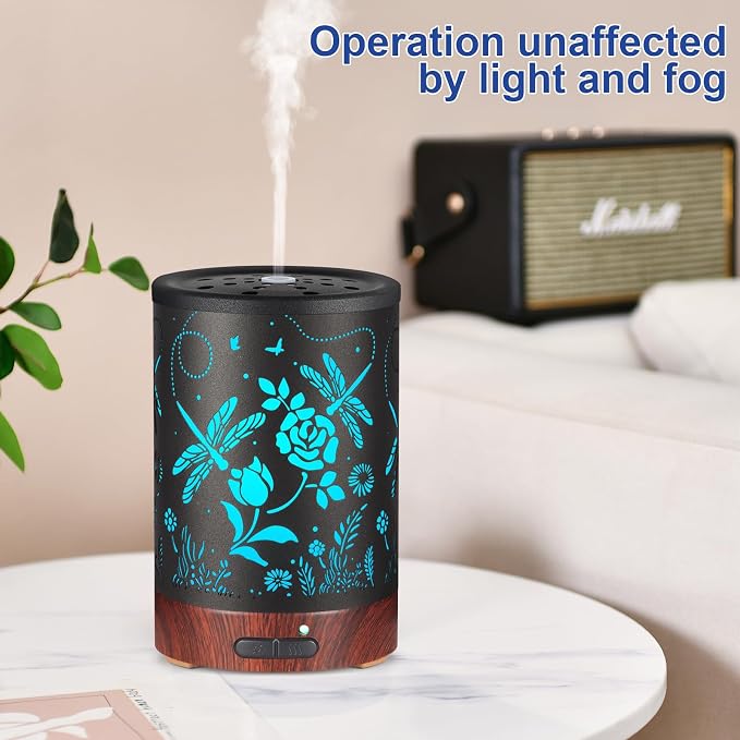 Essential Oil Diffuser- Aromatherapy Diffuser with7 Colors Light and Auto-Off for Women Metal Cool Mist Humidifier for Home and Office for Mom Women(Roses + Dragonflies)