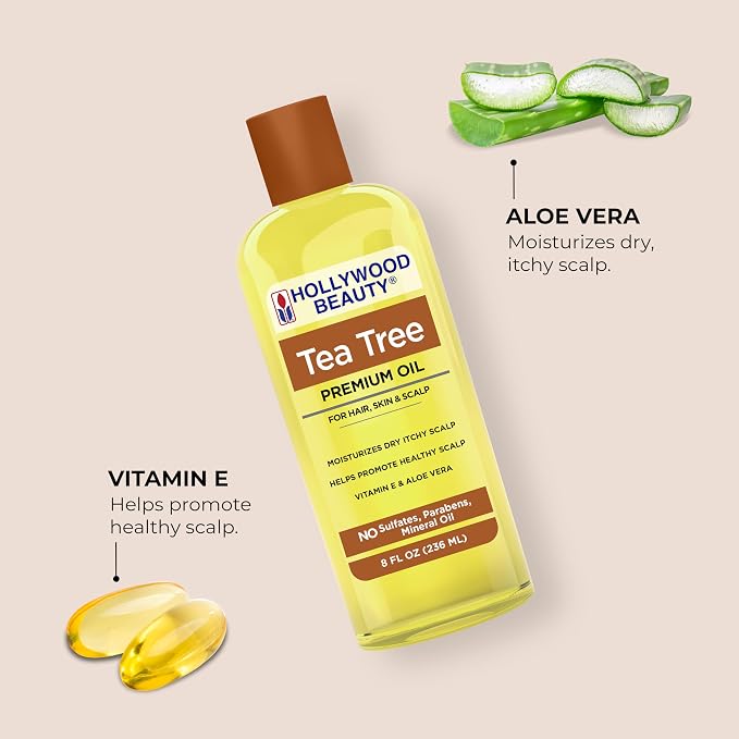 Hollywood Beauty Tea Tree Oil for Hair, Scalp, and Skin, 8 fl oz - Moisturizes Dry, Itchy Scalp, Blended with Vitamin E & Aloe