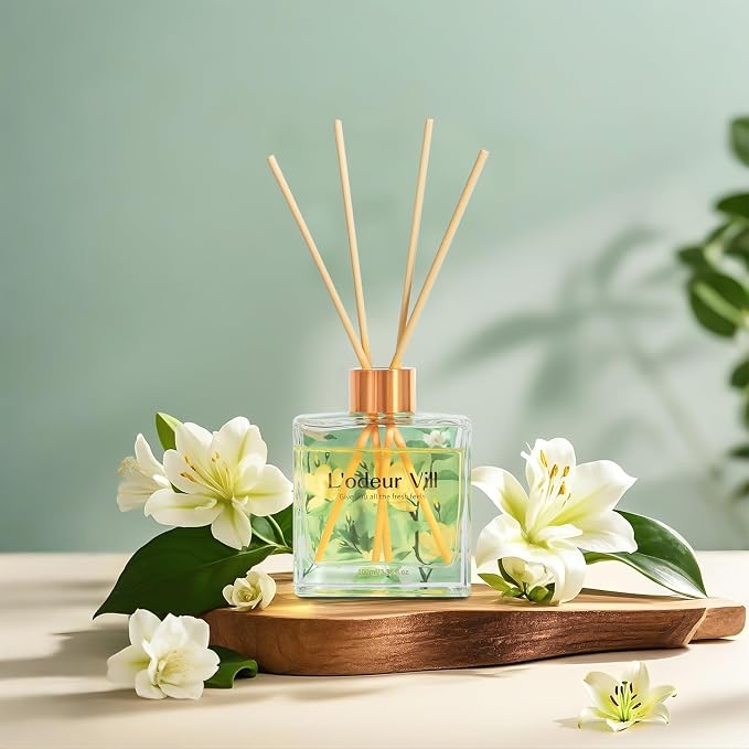 L'odeur Vill Reed Diffuser Set/Jasmine & Lily/3.38 fl.oz（100ML）/1 Pack with 6 Reed Sticks/Home Fragrance Diffuser, Oil Scent Diffuser for Bathroom Shelf Decor.