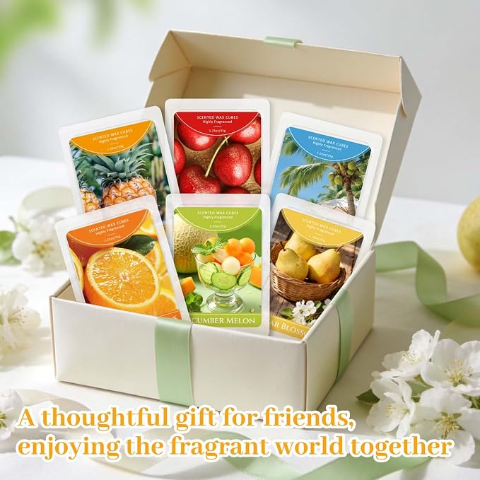 STRN Wax Melts, Soy Wax Cubes 6 Scents Cucumber Melon, Coconut Beach, Pear Blossom, Energizing Citrus, Summer Scented Long-Lasting Home Fragrance for Wax Warmers, Yoga, 1.25 OZ * 6 Packs
