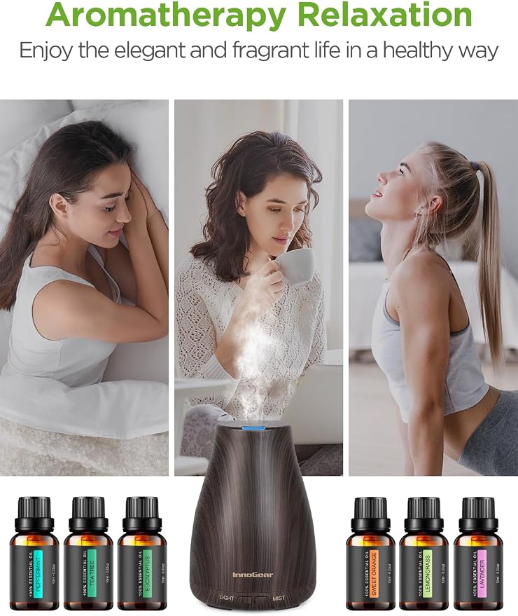 InnoGear Essential Oil Diffuser with Oils, 100ml Aromatherapy Diffuser with 6 Essential Oils Set, Aroma Cool Mist Humidifier Gift Set, Dark Wood Grain