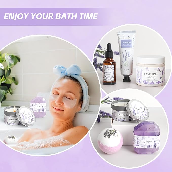 Lavender Spa Gifts Set, 11 Pcs Bath Gift Set for Women, Relaxing Spa Gifts, Home Spa Bath Set Self Care Package, Birthday Gifts for Womens Her Mom Friends Wife Girlfriend Wife
