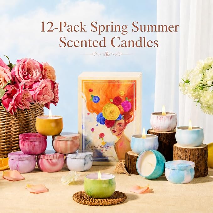 Scented Candles Gift Set for Women, 12 Pack Soy Wax Aromatherapy Candles with Spring Summer Fresh Scents, Up to 300H Total Burn Time, Colorful Portable Tin Candle Gift for Mom, Birthday & Housewarming