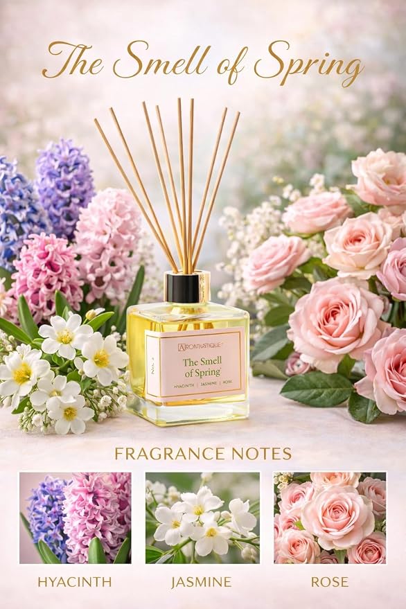 Aromatique, Reed Diffuser Set, Reusable, Refillable Glass Vessel Includes 8 Reed Sticks, Flame Free, Luxury Home Decor Fragance, Boxed for Gifting, (Standard, Smell of Spring)