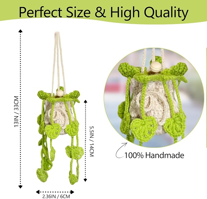 Crochet Car Air Freshener Hanging, Cute Hanging Plant for Cars, Crochet Plant with 10ml Empty Refillable Oil Diffuser Bottle, Handmade Boho Car Ornaments Charms for Rear View Mirror, Green