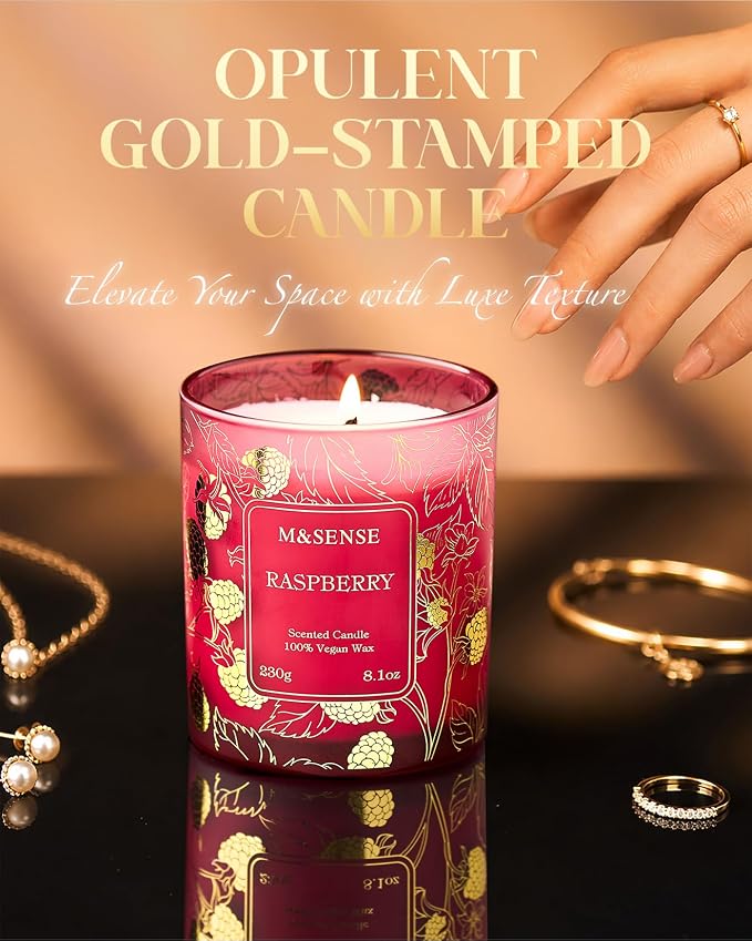 M&SENSE Raspberry Scented Vegan Soy Candles, No Toxin Refreshing Fragrance, 8.1oz 42-Hour Long Burning, Stress Relief Summer Home Candles, Housewarming Gift for Men & Women
