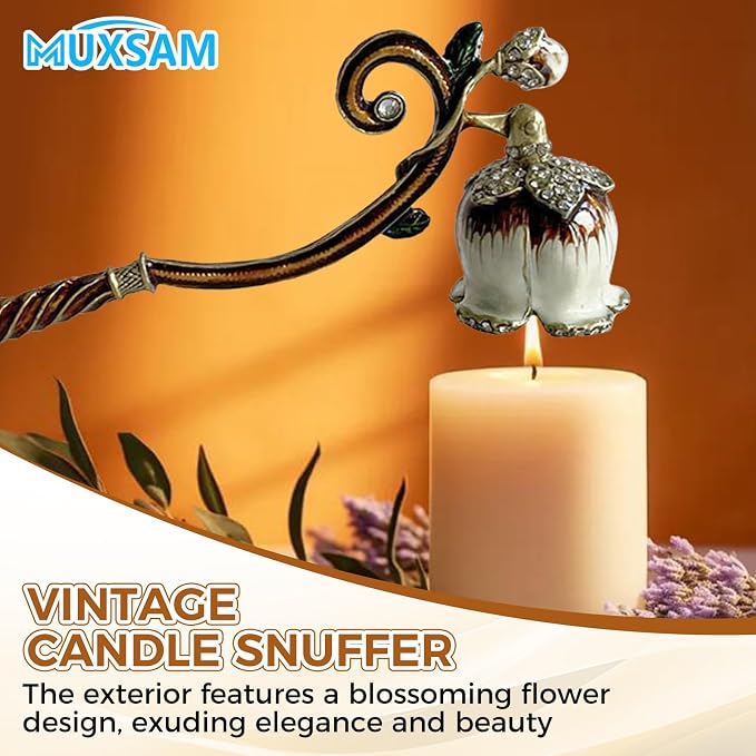 MUXSAM Vintage Candle Snuffer, Candle Extinguisher with Long Handle, Metal Wick Flame Snuffer for Putting Out Candle Flame Safely, Floral Candle Snuffers Accessory for Candle Lovers, Brown