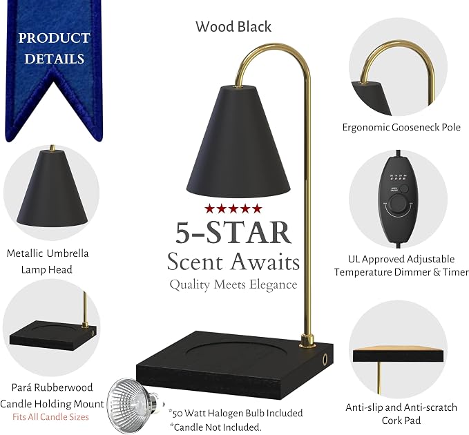 Cozyberry® Candle Warmer Lamp, Timer, Compatible with All Candle Jar, Candle Lamp, Dimmable Melter for Scented Candle, Wax Melt, Small & Large Size Jar Candles (Wood Black, Timer)