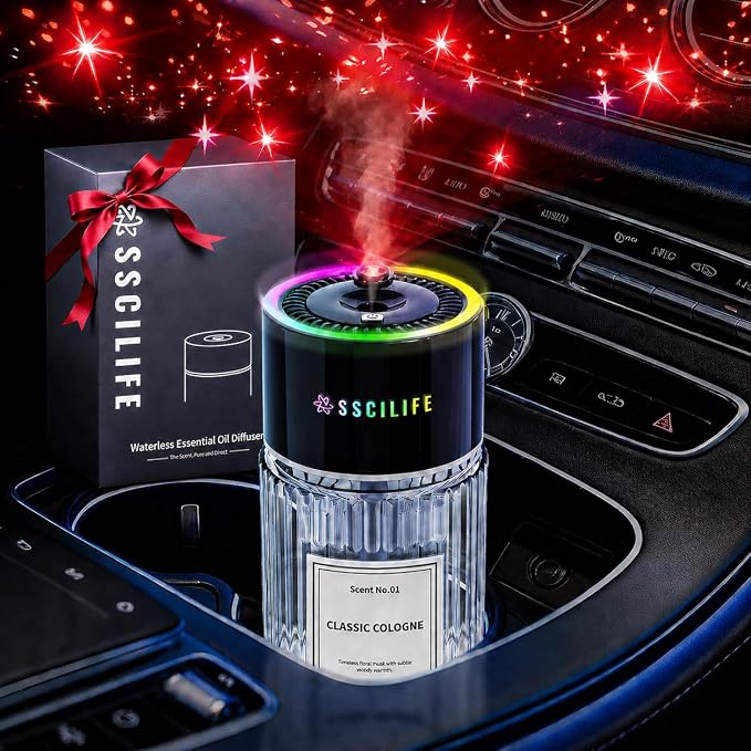 Smart Car Air Freshener Diffuser, Auto On/Off Car Aroma Diffuser, 4 Mist Modes, 130ml Long Lasting Rechargeable Oil Freshener, Up to 130 Days Use, RGB Music Sync Light, Star Light-Cologne