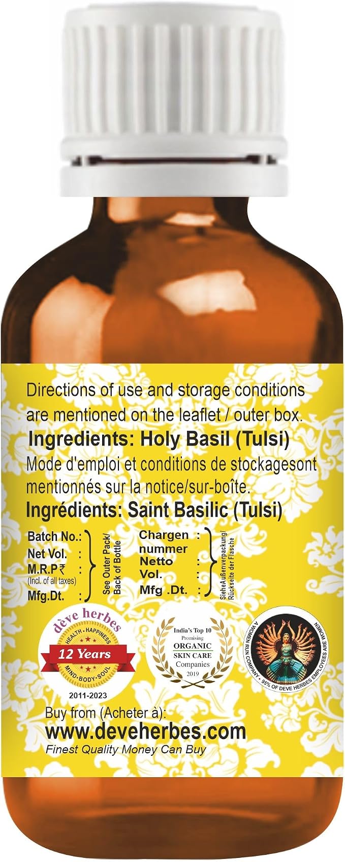 dève herbes Holy Basil (Tulsi) Essential Oil (Ocimum Sanctum) Pure | Non-Sticky | Non-Greasy | Lightweight | Men & Women | All Skin Types | Steam Distilled 10ml (0.33 oz)