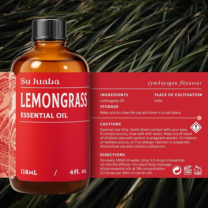 SU JUABA Lemongrass Essential Oil 4 Oz, Aromatherapy Oil for Diffuser, Skin Care, Candle - 118ML