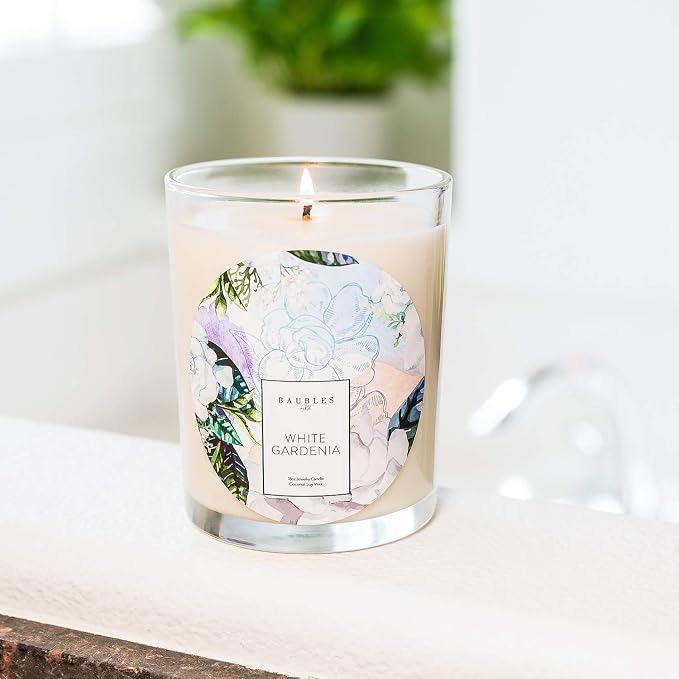 Kate Bissett Baubles White Gardenia Scented Premium Candle and Jewelry with Surprise Ring Inside | 18 oz Large Candle | Made in USA | Parrafin Free | Size 10
