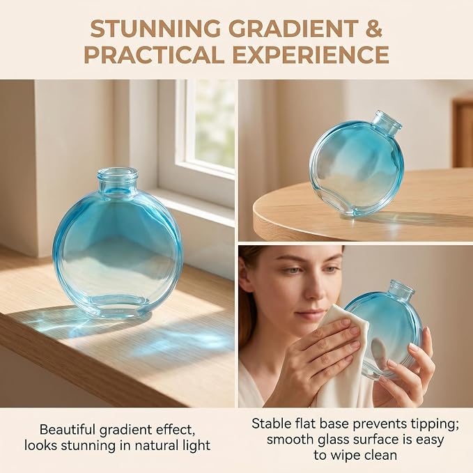1 Pack 150ml/5oz Flat Round Blue Glass Reed Diffuser Bottles, Refillable Aromatherapy Essential Oil Bottles for Bathroom, Home & Office Decor